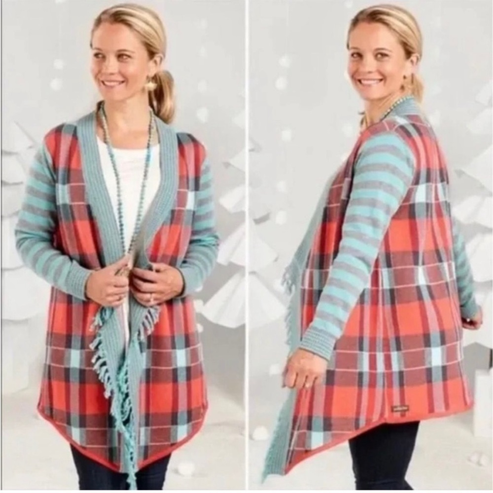 MATILDA JANE Women’s Steadfast Plaid Fringe Cardigan Sweater Orange Size Medium